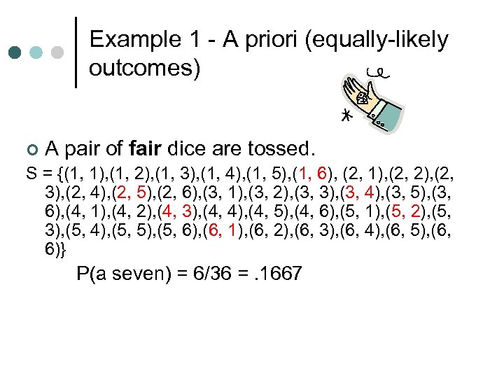 Example 1 - A priori (equally-likely outcomes) ¢ A pair of fair dice are