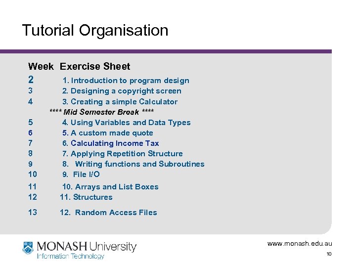 Tutorial Organisation Week Exercise Sheet 2 1. Introduction to program design 3 4 5