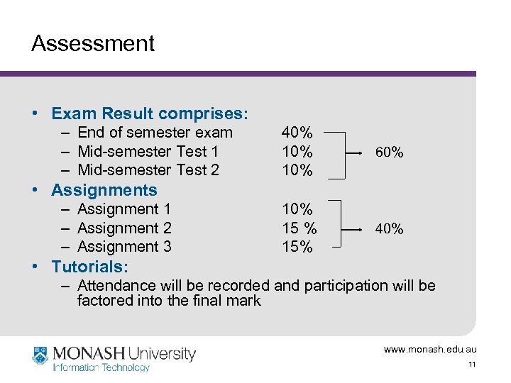 Assessment • Exam Result comprises: – End of semester exam – Mid-semester Test 1