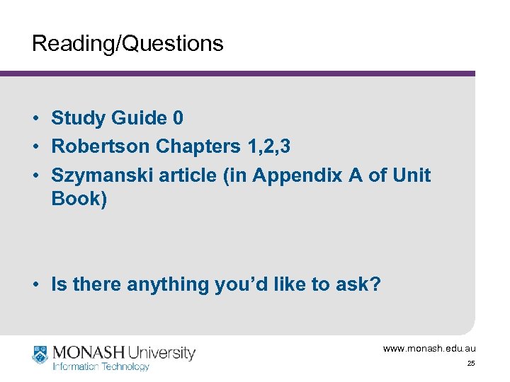 Reading/Questions • Study Guide 0 • Robertson Chapters 1, 2, 3 • Szymanski article