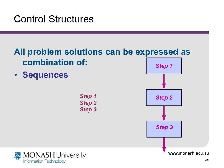 Control Structures All problem solutions can be expressed as combination of: Step 1 •