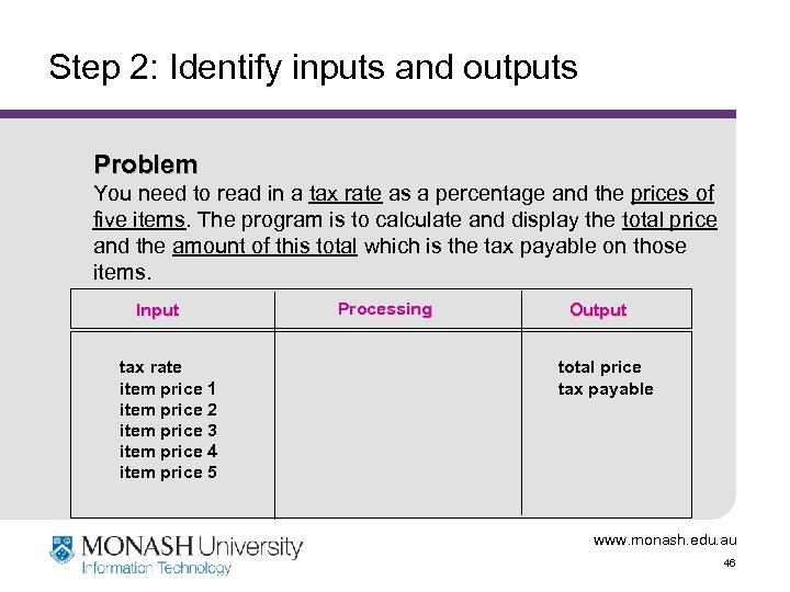 Step 2: Identify inputs and outputs Problem You need to read in a tax