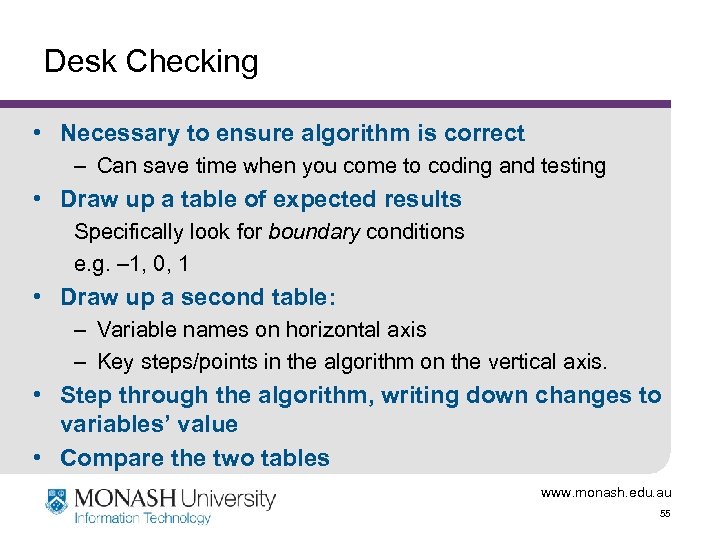 Desk Checking • Necessary to ensure algorithm is correct – Can save time when