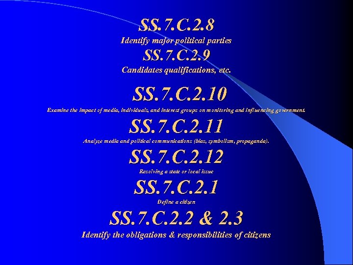 SS. 7. C. 2. 8 Identify major political parties SS. 7. C. 2. 9
