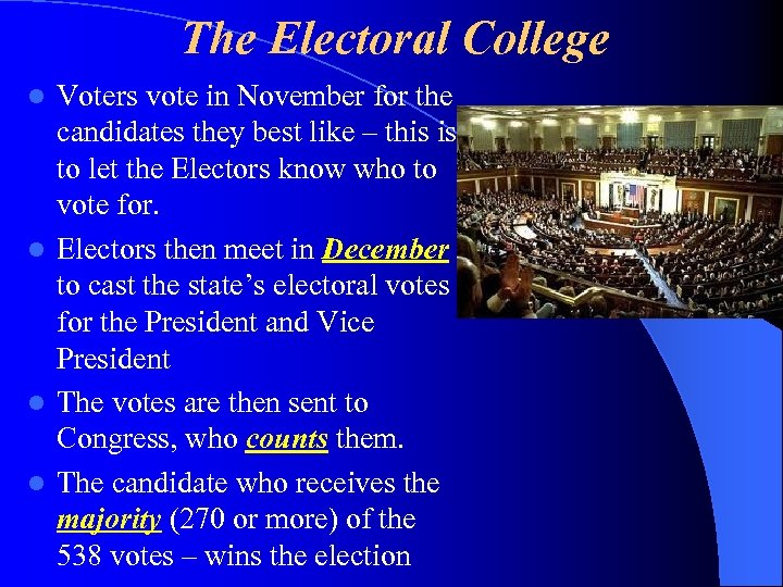 The Electoral College Voters vote in November for the candidates they best like –