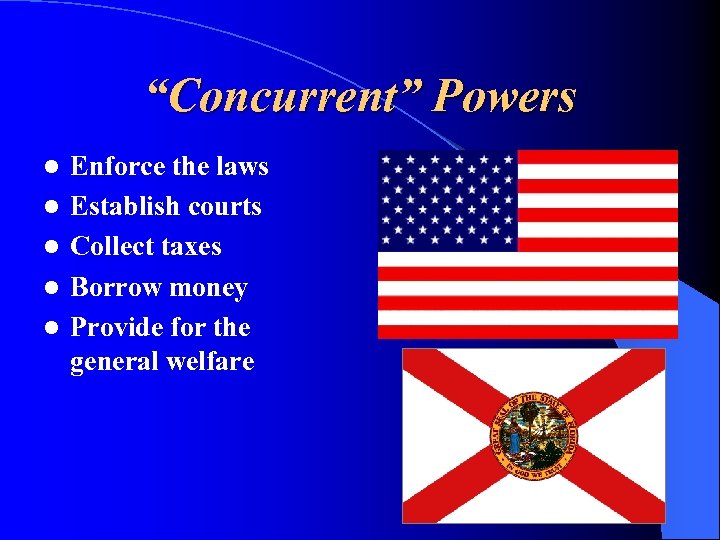 “Concurrent” Powers l l l Enforce the laws Establish courts Collect taxes Borrow money