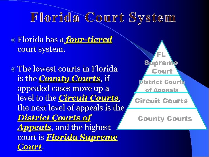 Florida Court System Florida has a four-tiered court system. The lowest courts in Florida