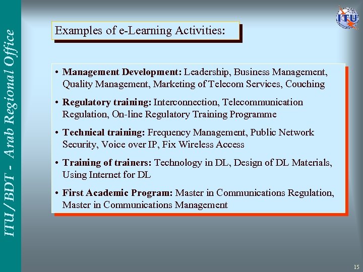 ITU / BDT - Arab Regional Office Examples of e-Learning Activities: • Management Development: