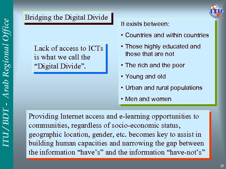 ITU / BDT - Arab Regional Office Bridging the Digital Divide It exists between: