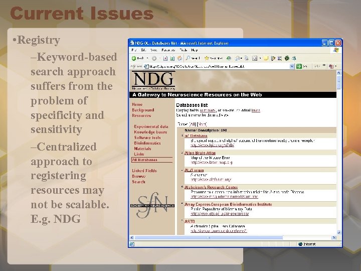 Current Issues • Registry –Keyword-based search approach suffers from the problem of specificity and