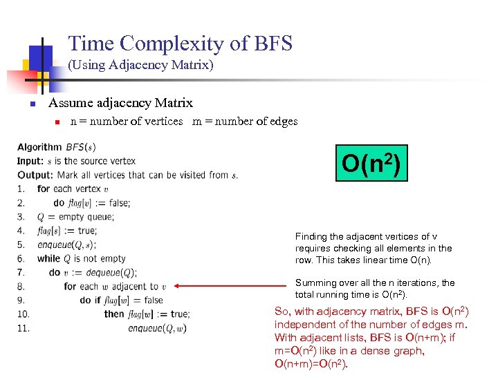 Time Complexity of BFS (Using Adjacency Matrix) n Assume adjacency Matrix n n =