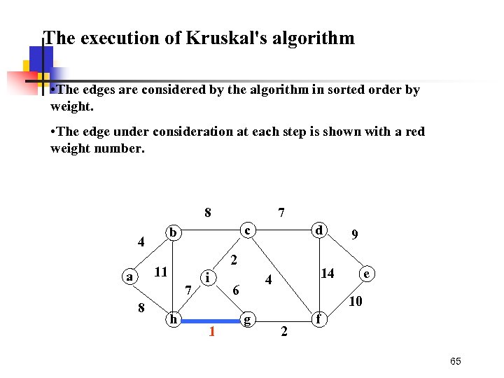 The execution of Kruskal's algorithm • The edges are considered by the algorithm in