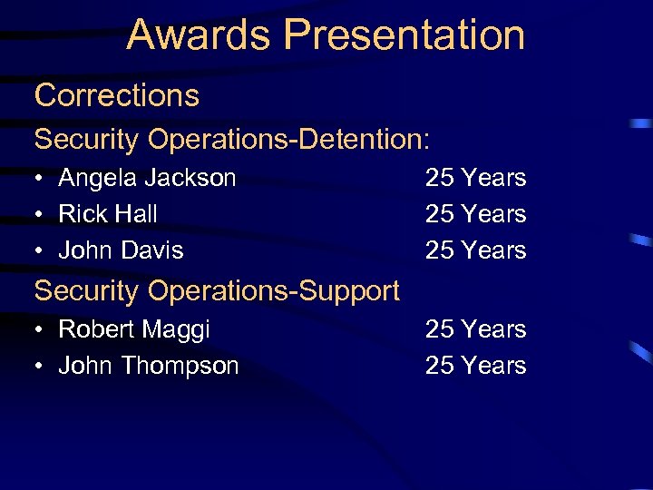 Awards Presentation Corrections Security Operations-Detention: • Angela Jackson • Rick Hall • John Davis