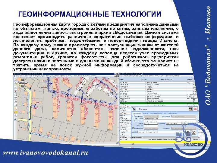 ГЕОИНФОРМАЦИОННЫЕ ТЕХНОЛОГИИ Геоинформационная карта города с сетями предприятия наполнена данными по объектам, жилью, проводимым
