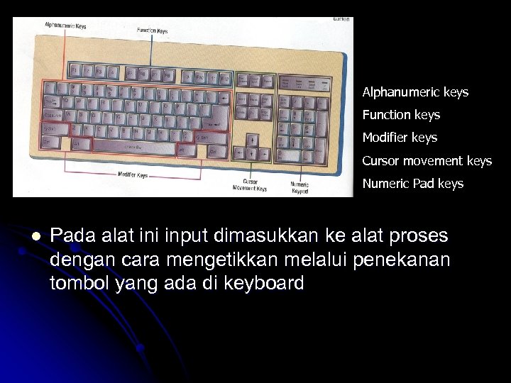 Alphanumeric keys Function keys Modifier keys Cursor movement keys Numeric Pad keys l Pada