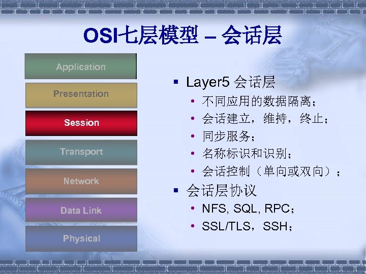 OSI七层模型 – 会话层 Application Presentation Session Transport Network Data Link Physical § Layer 5