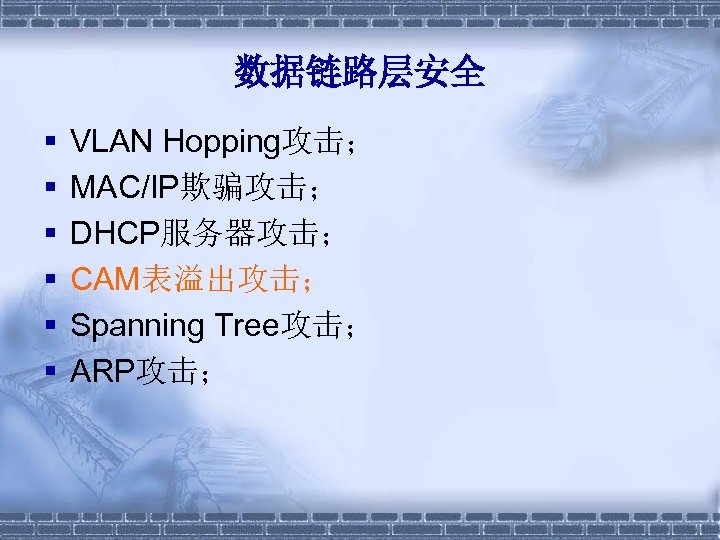 数据链路层安全 § § § VLAN Hopping攻击； MAC/IP欺骗攻击； DHCP服务器攻击； CAM表溢出攻击； Spanning Tree攻击； ARP攻击； 
