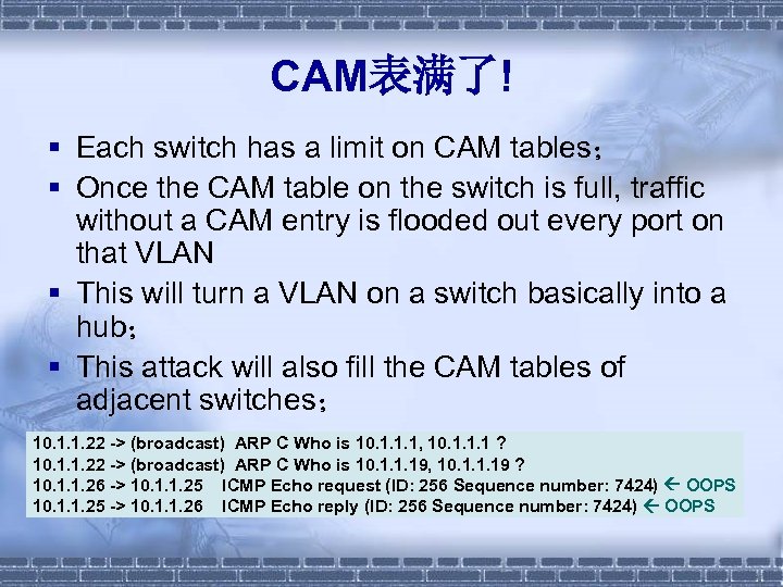 CAM表满了! § Each switch has a limit on CAM tables； § Once the CAM