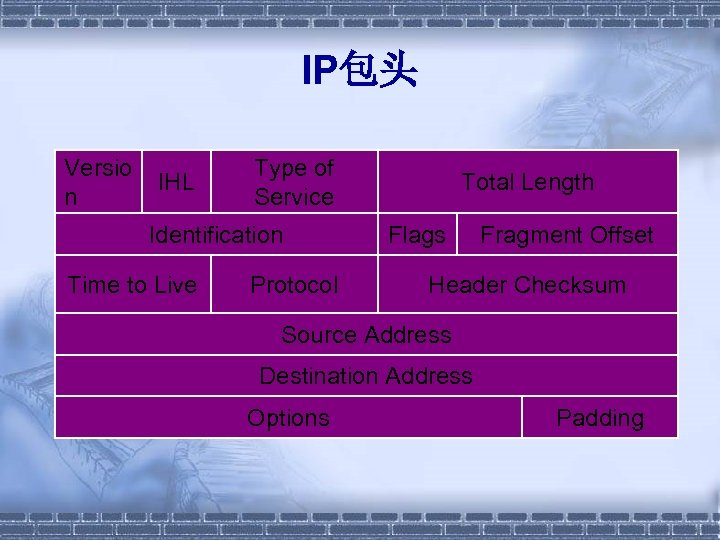 IP包头 Versio n IHL Type of Service Identification Time to Live Protocol Total Length