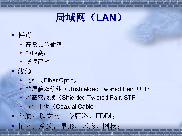 局域网（LAN） § 特点 • 高数据传输率； • 短距离； • 低误码率； § 线缆 • • 光纤（Fiber