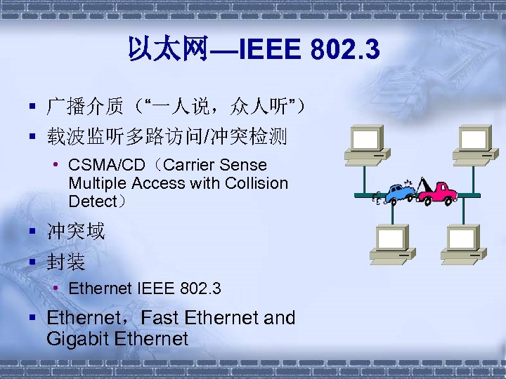 以太网—IEEE 802. 3 § 广播介质（“一人说，众人听”） § 载波监听多路访问/冲突检测 • CSMA/CD（Carrier Sense Multiple Access with Collision