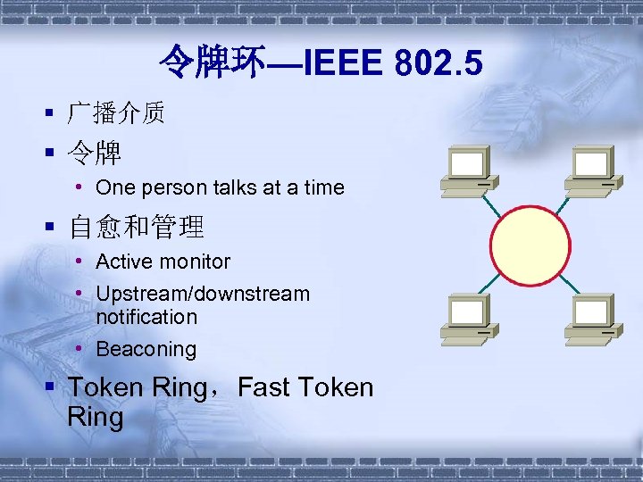 令牌环—IEEE 802. 5 § 广播介质 § 令牌 • One person talks at a time