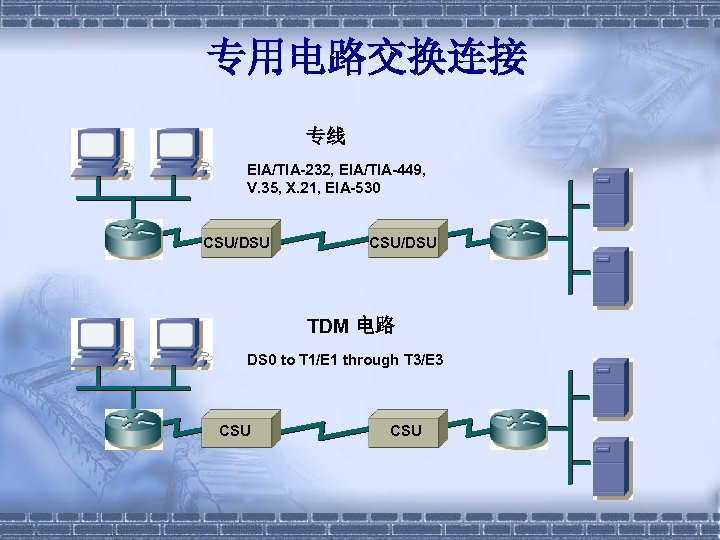 专用电路交换连接 专线 EIA/TIA-232, EIA/TIA-449, V. 35, X. 21, EIA-530 CSU/DSU TDM 电路 DS 0