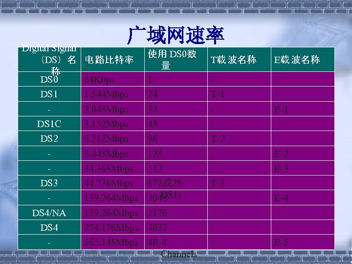 广域网速率 Digital Signal （DS）名 电 路比特率 称 DS 0 64 Kbps 使用 DS 0数