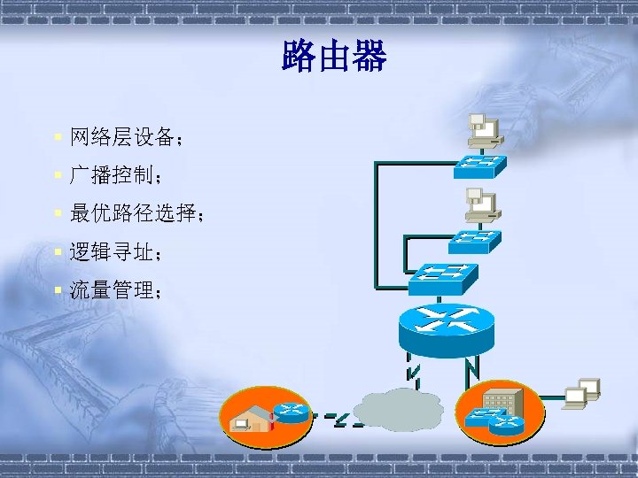 路由器 § 网络层设备； § 广播控制； § 最优路径选择； § 逻辑寻址； § 流量管理； 
