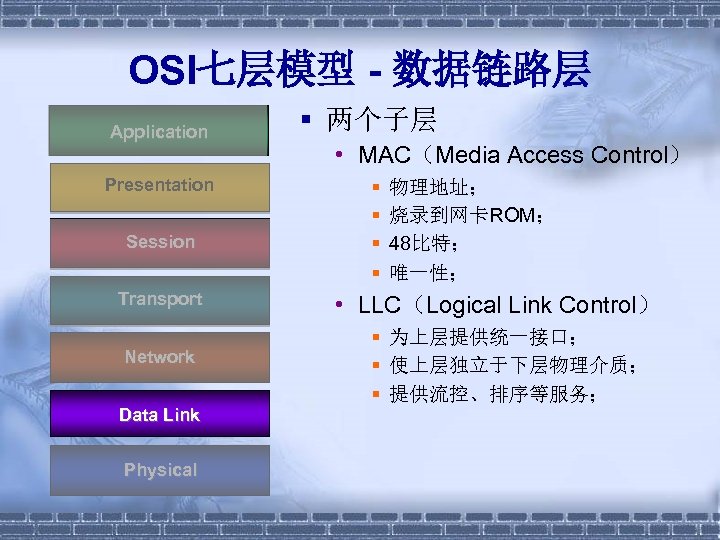 OSI七层模型 - 数据链路层 Application Presentation Session Transport Network Data Link Physical § 两个子层 •