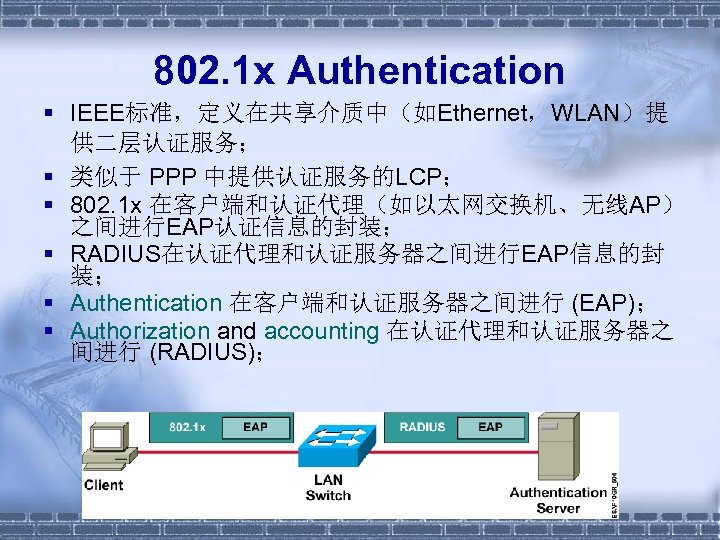 802. 1 x Authentication § IEEE标准，定义在共享介质中（如Ethernet，WLAN）提 供二层认证服务； § 类似于 PPP 中提供认证服务的LCP； § 802. 1
