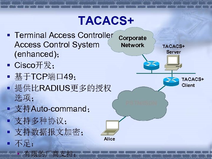 TACACS+ § Terminal Access Controller Access Control System (enhanced)； § Cisco开发； § 基于TCP端口 49；