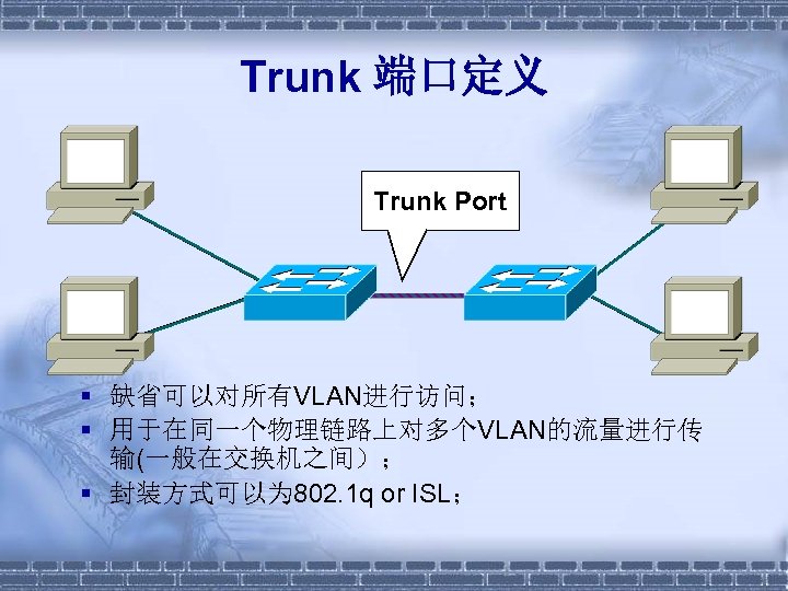 Trunk 端口定义 Trunk Port § 缺省可以对所有VLAN进行访问； § 用于在同一个物理链路上对多个VLAN的流量进行传 输(一般在交换机之间）； § 封装方式可以为 802. 1 q