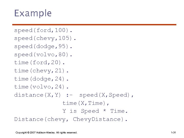 Example speed(ford, 100). speed(chevy, 105). speed(dodge, 95). speed(volvo, 80). time(ford, 20). time(chevy, 21). time(dodge,