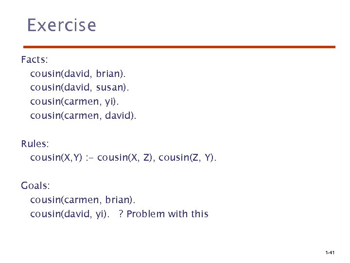 Exercise Facts: cousin(david, brian). cousin(david, susan). cousin(carmen, yi). cousin(carmen, david). Rules: cousin(X, Y) :