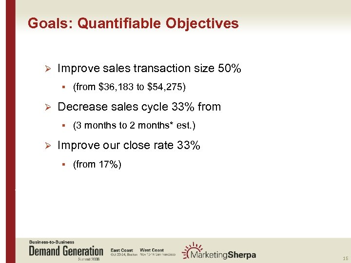Goals: Quantifiable Objectives Ø Improve sales transaction size 50% § Ø Decrease sales cycle