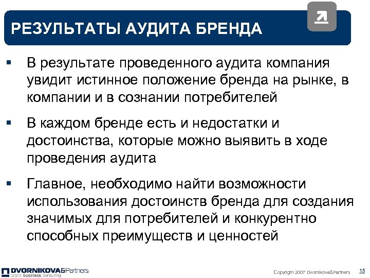 РЕЗУЛЬТАТЫ АУДИТА БРЕНДА § В результате проведенного аудита компания увидит истинное положение бренда на