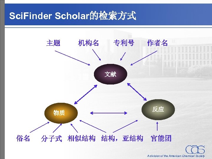 Sci. Finder Scholar的检索方式 主题 机构名 专利号 作者名 文献 物质 俗名 分子式 相似结构 结构，亚结构 反应