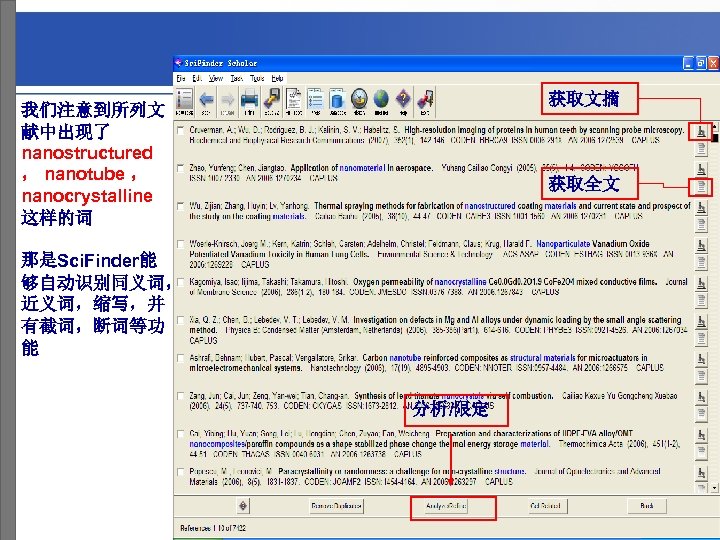 获取文摘 我们注意到所列文 献中出现了 nanostructured ， nanotube ， nanocrystalline 这样的词 获取全文 那是Sci. Finder能 够自动识别同义词， 近义词，缩写，并