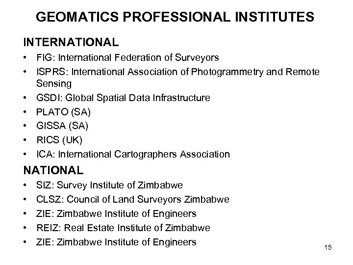 GEOMATICS PROFESSIONAL INSTITUTES INTERNATIONAL • FIG: International Federation of Surveyors • ISPRS: International Association