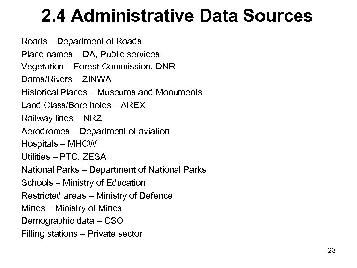 2. 4 Administrative Data Sources Roads – Department of Roads Place names – DA,