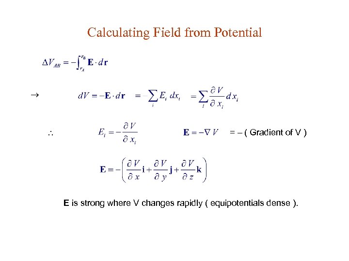Calculating Field from Potential = ( Gradient of V ) E is strong where