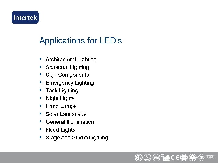 Applications for LED’s • • • Architectural Lighting Seasonal Lighting Sign Components Emergency Lighting