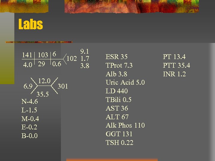 Labs 141 103 6 102 9. 1 1. 7 4. 0 29 0. 6