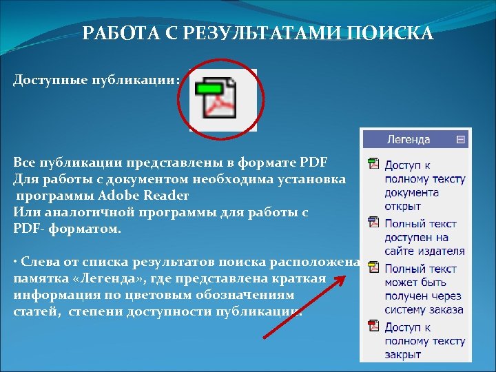 РАБОТА С РЕЗУЛЬТАТАМИ ПОИСКА Доступные публикации: Все публикации представлены в формате PDF Для работы