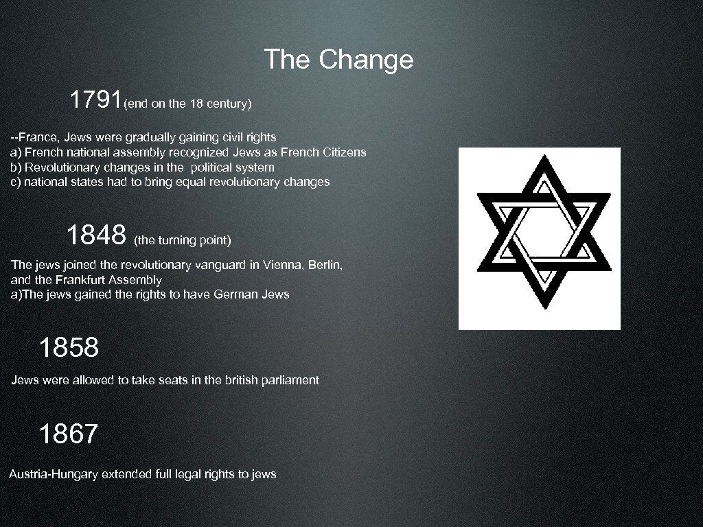 The Change 1791(end on the 18 century) --France, Jews were gradually gaining civil rights