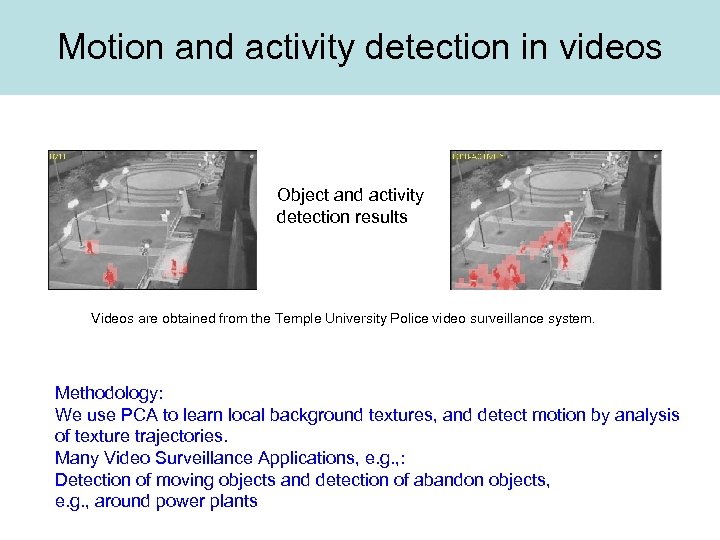 Motion and activity detection in videos Object and activity detection results Videos are obtained