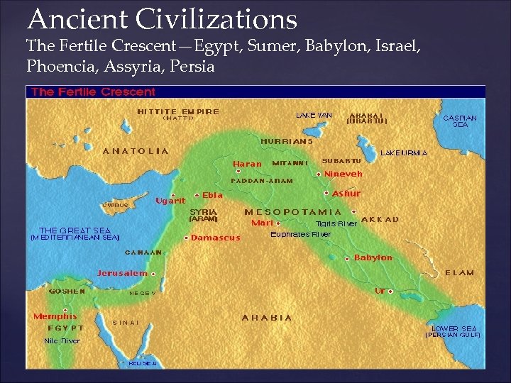 Ancient Civilizations The Fertile Crescent—Egypt, Sumer, Babylon, Israel, Phoencia, Assyria, Persia { 