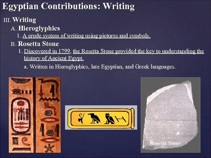 Egyptian Contributions: Writing III. Writing A. Hieroglyphics 1. A crude system of writing using