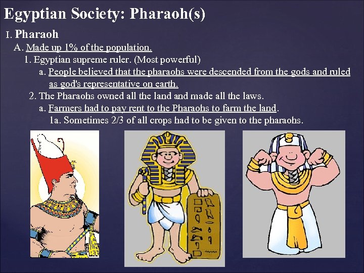 Egyptian Society: Pharaoh(s) I. Pharaoh A. Made up 1% of the population. 1. Egyptian